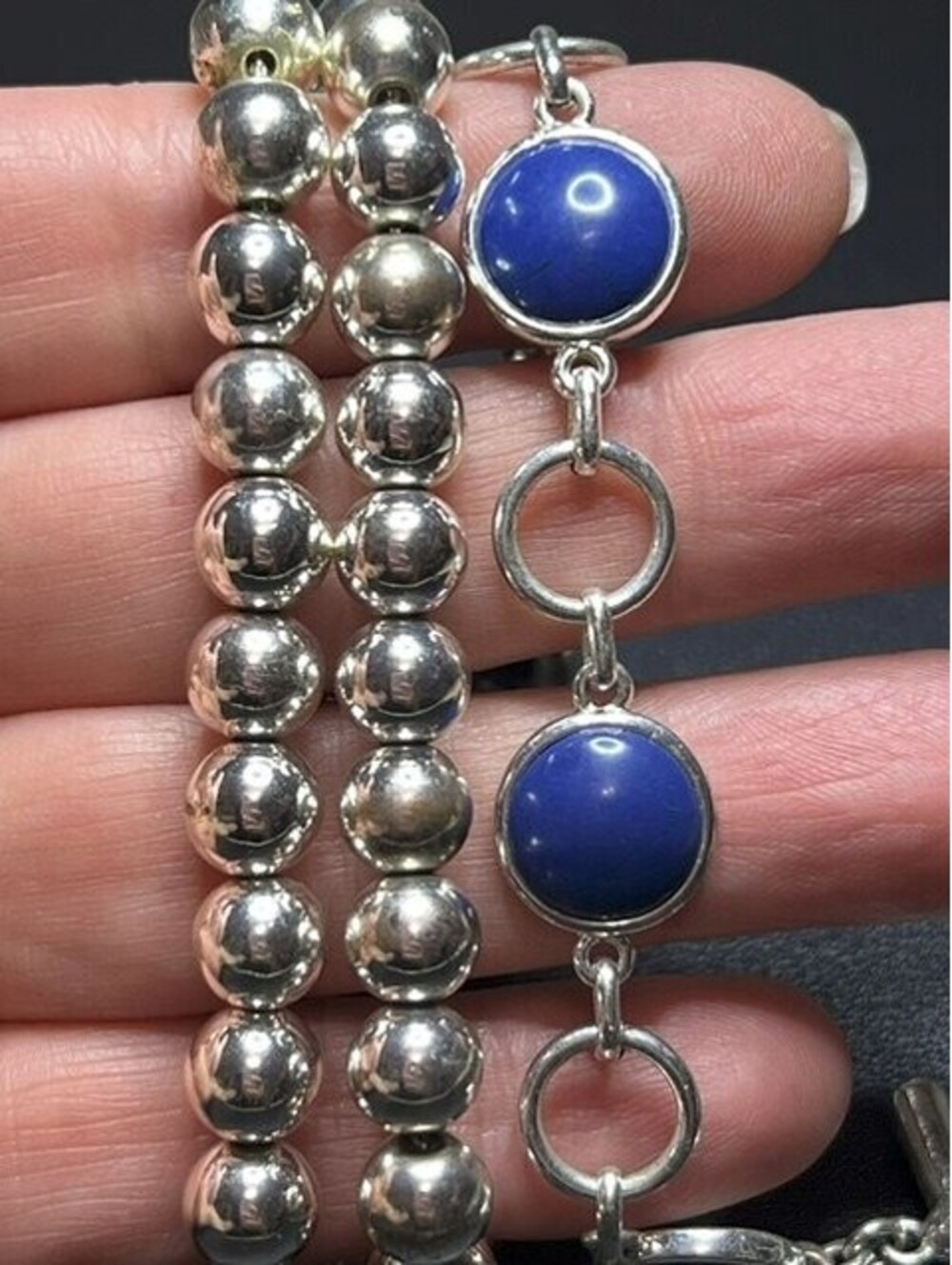 B7446 3pc CHAPS Ralph Lauren Silver Tone Blue Cabochon & Bead Bracelets Set 7.5"